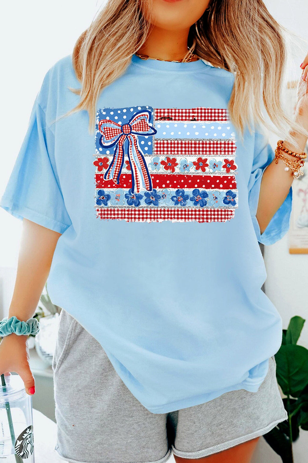 Light Blue Faux Patchwork Printed Coquette American Flag Graphic Tee