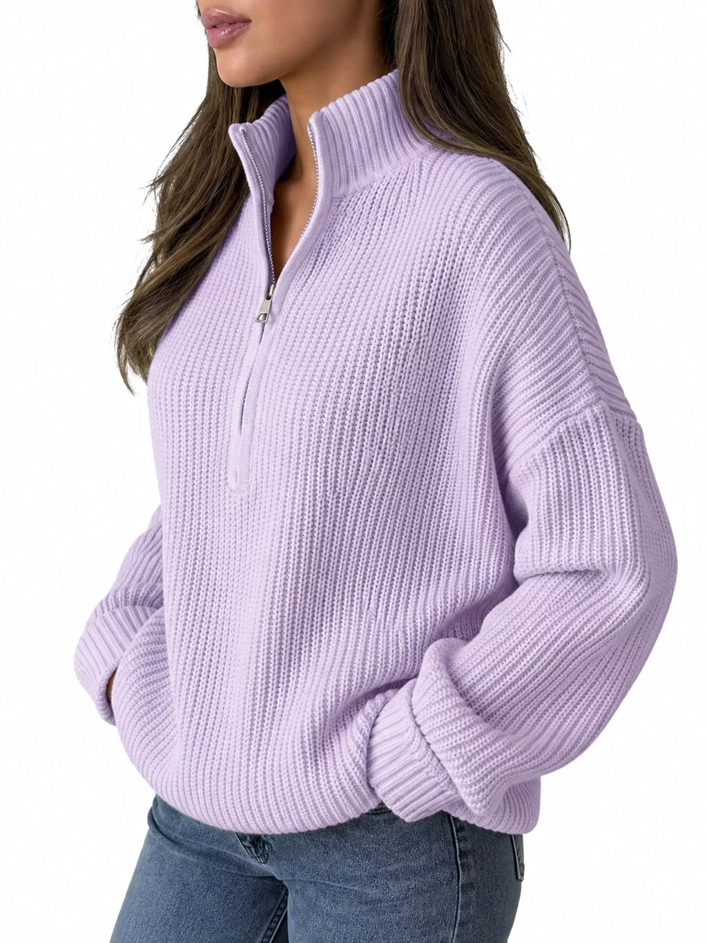 Full Size Half Zip Dropped Shoulder Sweater Plus Size