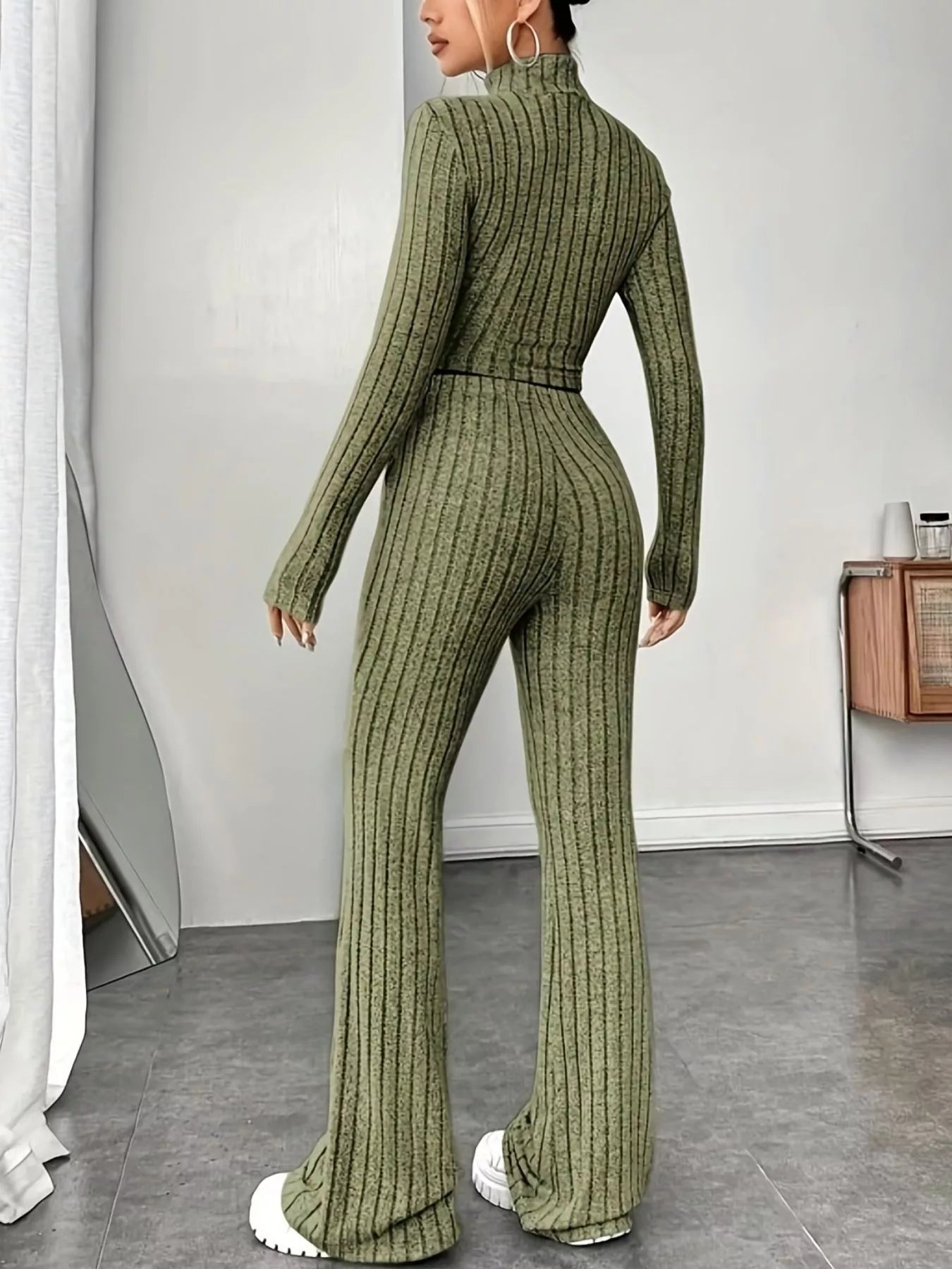 Ribbed Turtleneck Crop Top and Flare Pants Sweater Set