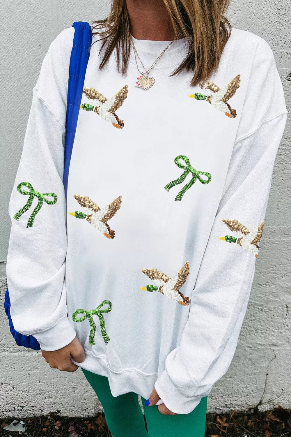 Sequin Mallard Bow Crewneck Pullover Sweatshirt