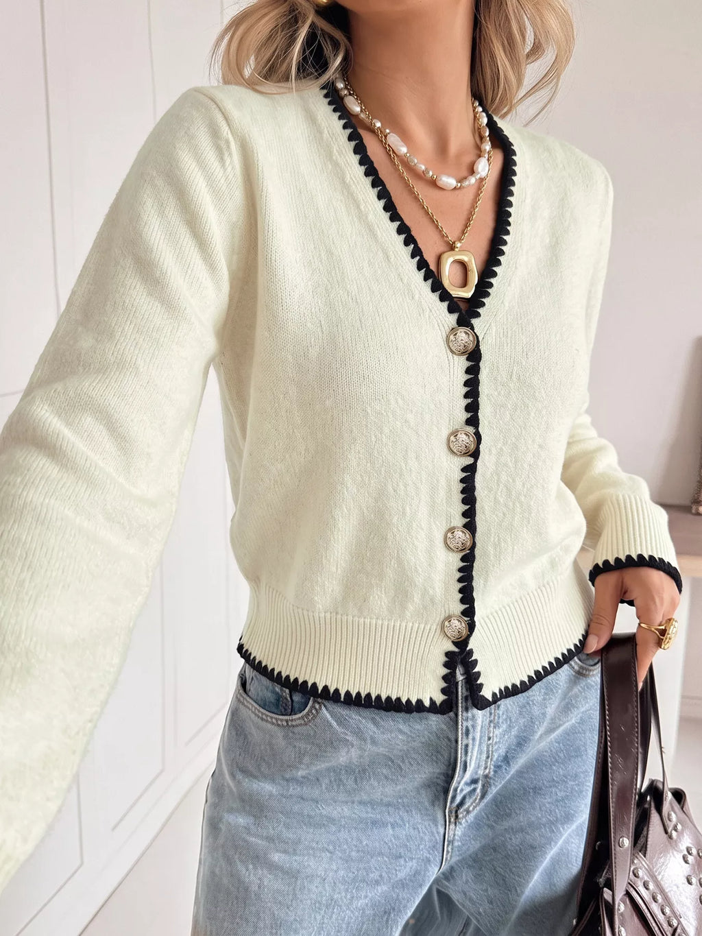 Contrast Trim V-Neck Button-Down Cardigan