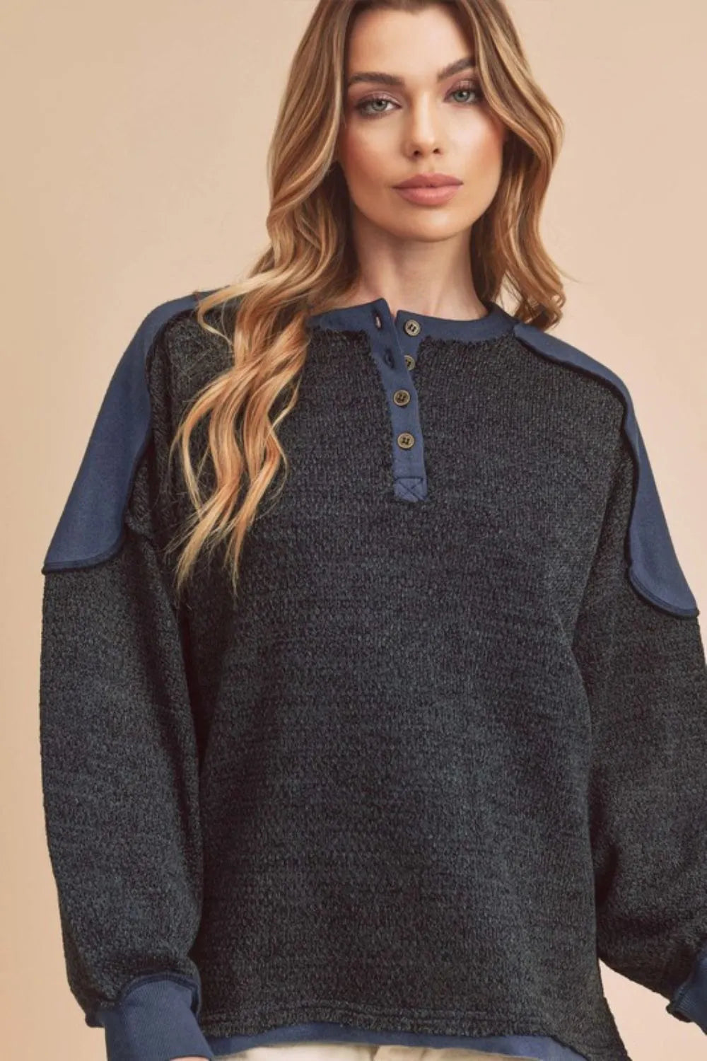 Contrast Shoulder Button Detail Sweatshirt with Side Slits