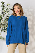 Ribbed Round Neck Long Sleeve Knit Top with Side Slits