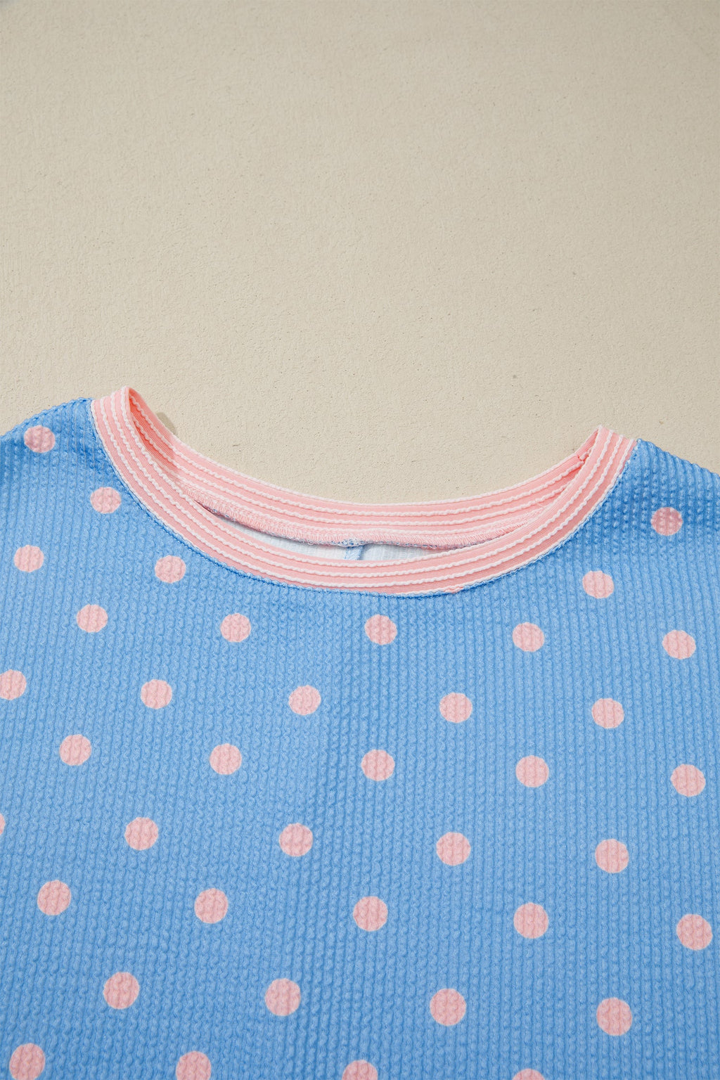Sky Blue Raised Rib Polka Dot Print Cuffed Short Sleeve Top