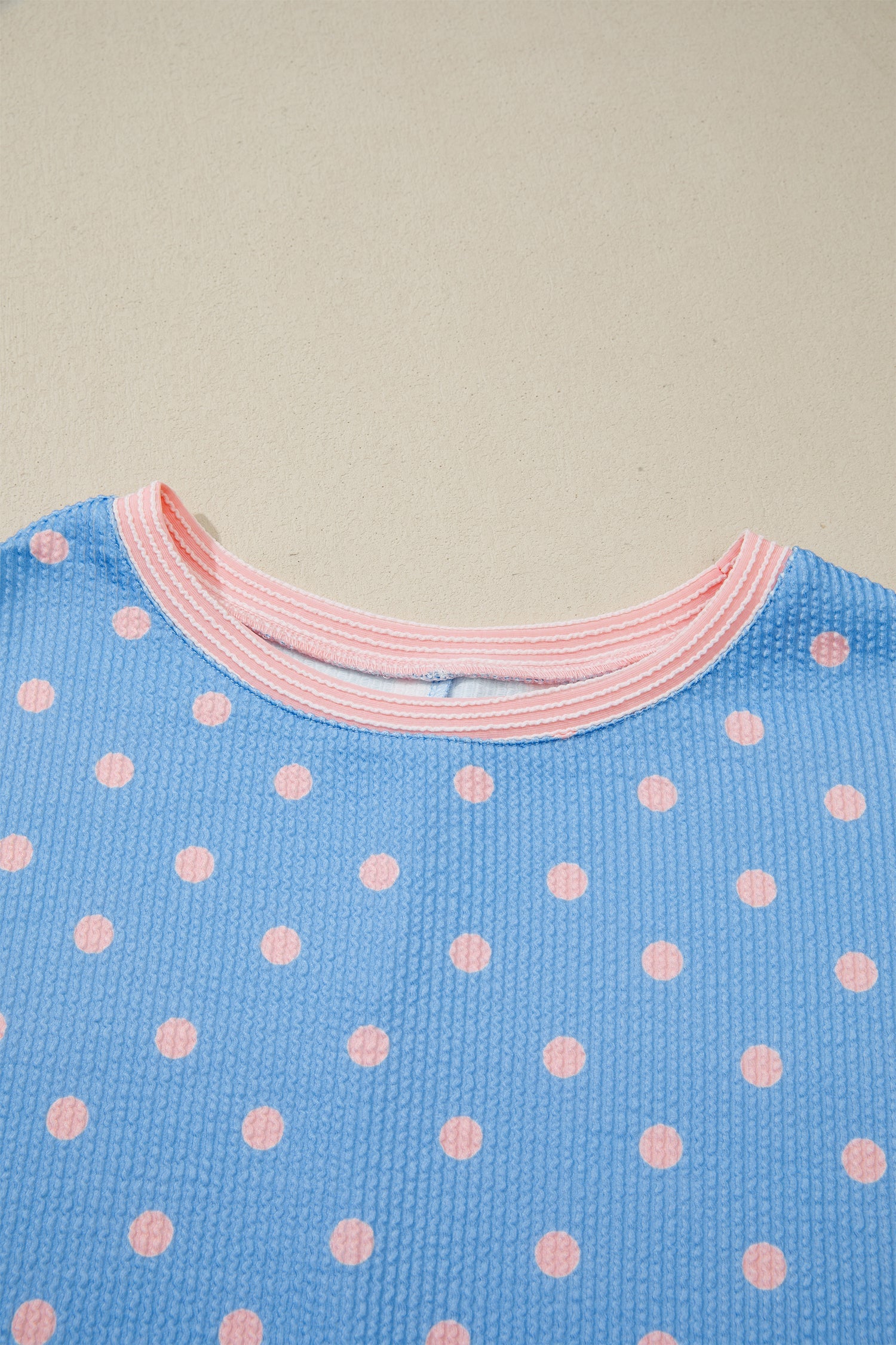 Sky Blue Raised Rib Polka Dot Print Cuffed Short Sleeve Top