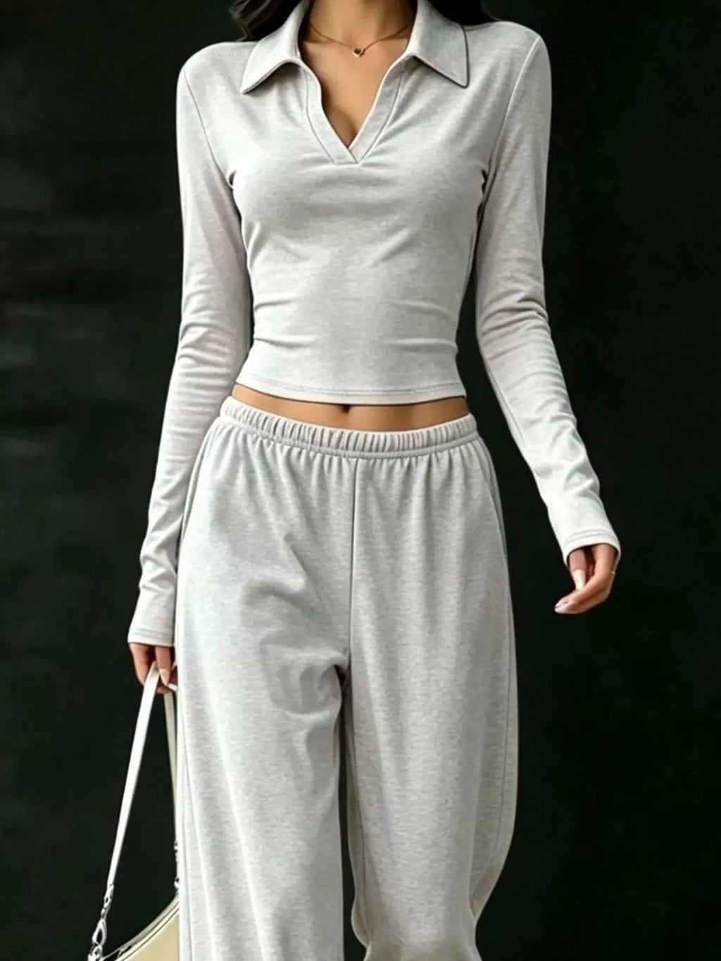 Long-Sleeve Polo Top and Wide-Leg Pants Set