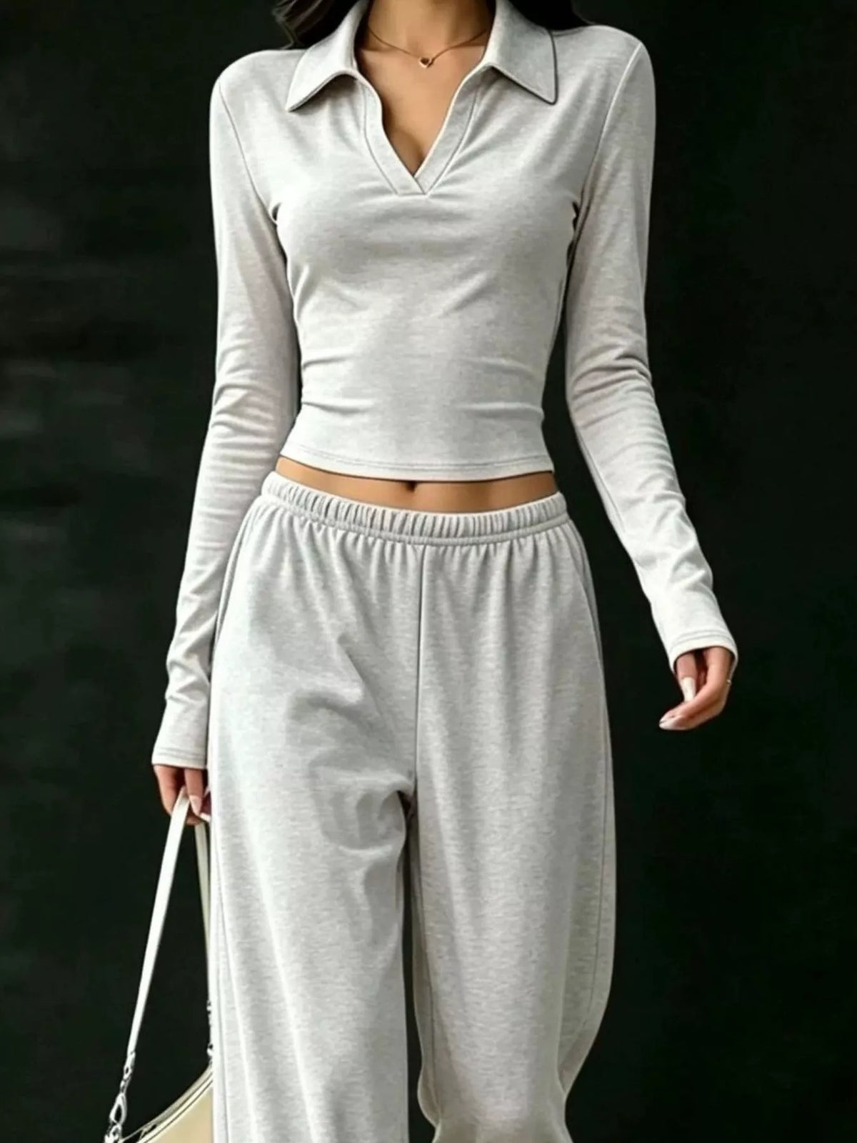 Long-Sleeve Polo Top and Wide-Leg Pants Set