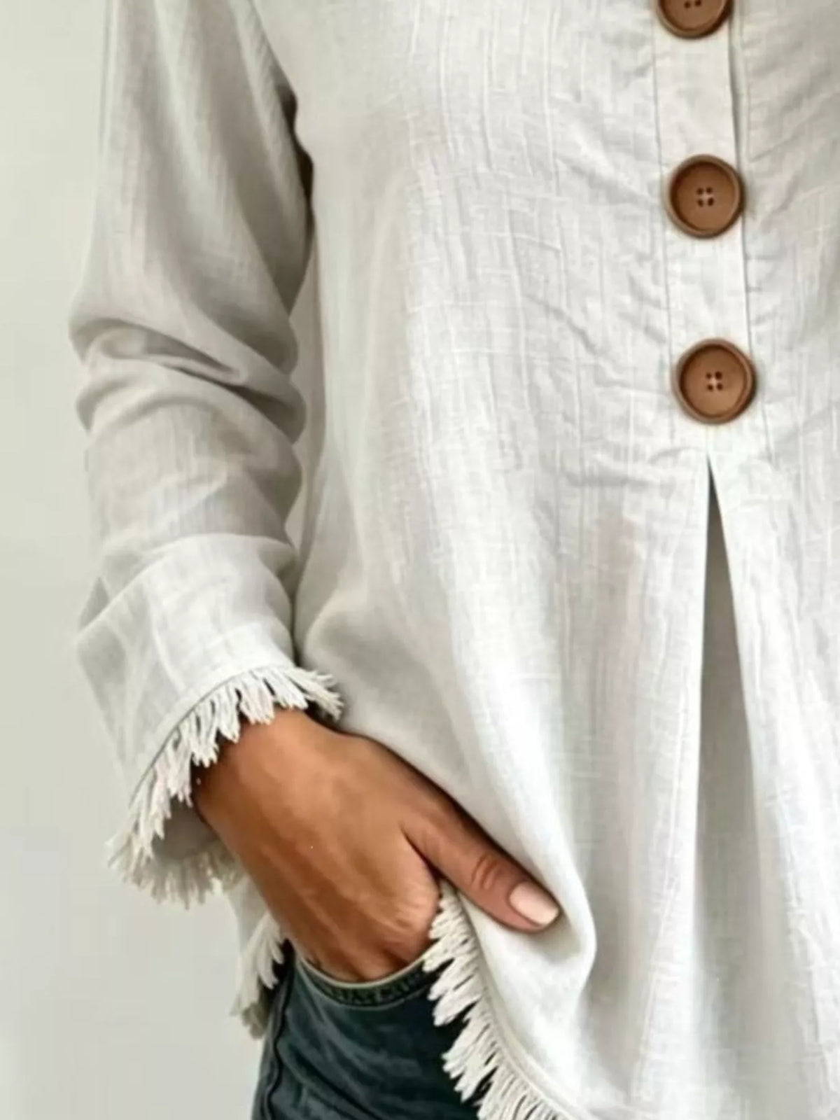 Full Size Frayed Hem Long Sleeve Blouse Plus Size