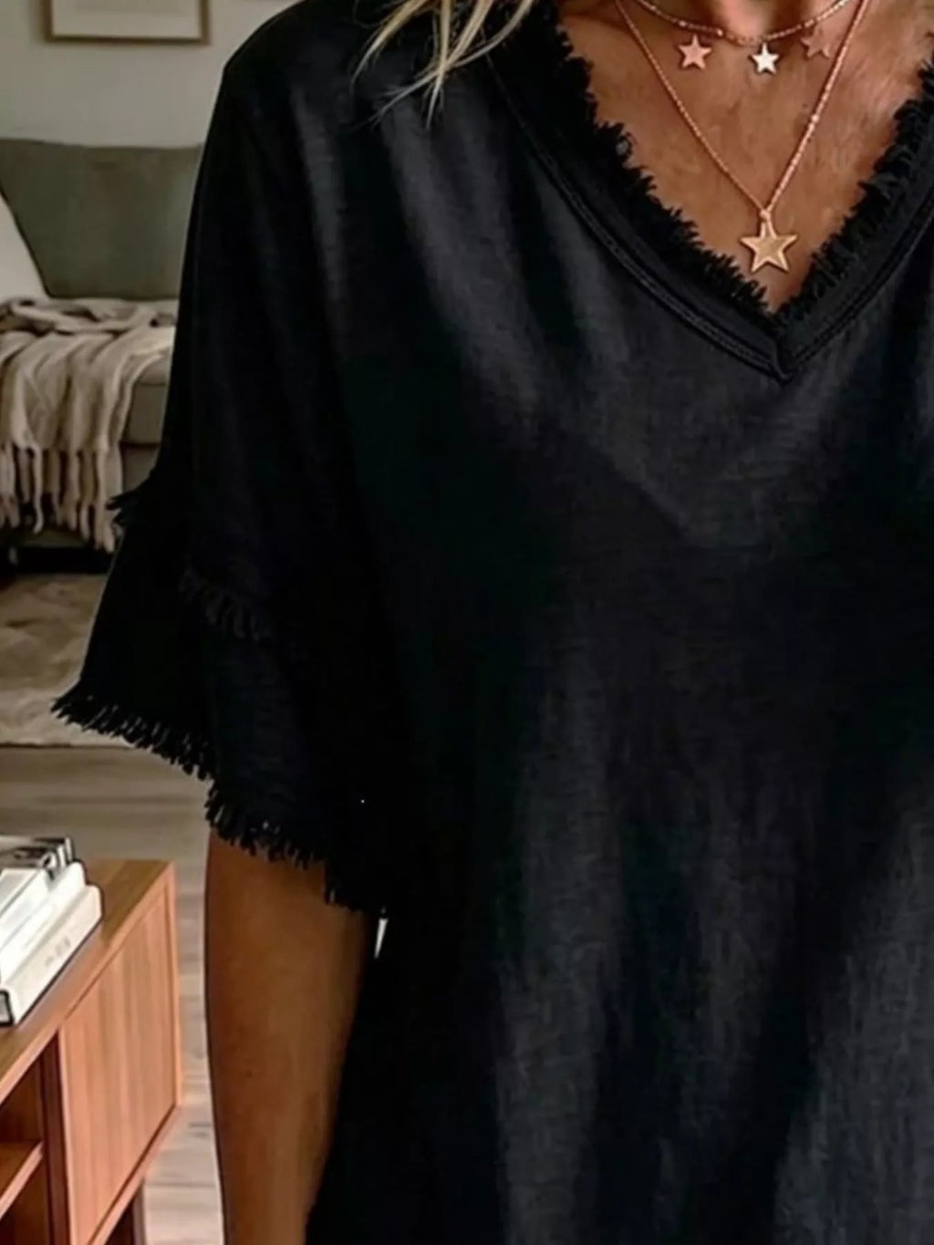 Full Size Frayed Edge V-Neck Blouse Plus Size