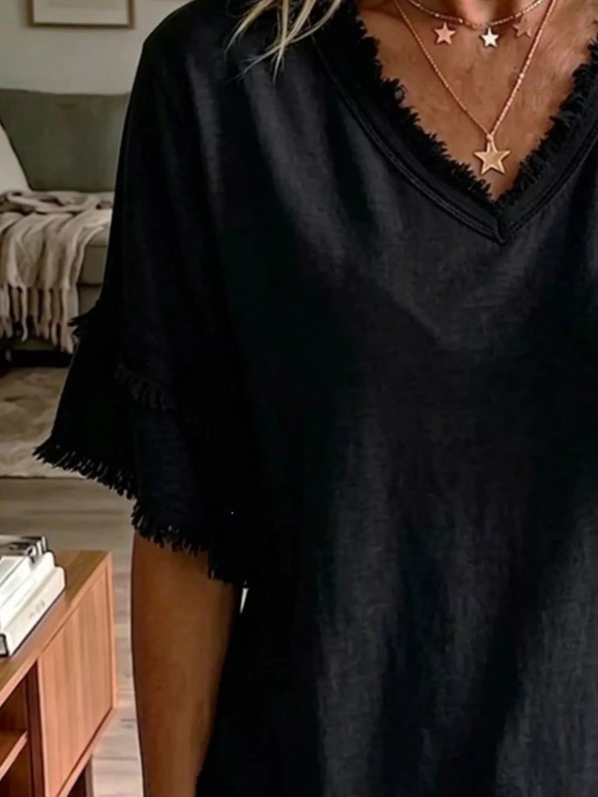 Full Size Frayed Edge V-Neck Blouse Plus Size