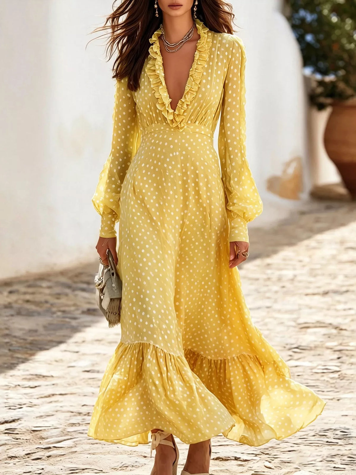 Full Size Polka Dot Ruffle V-Neck Maxi Dress Plus Size