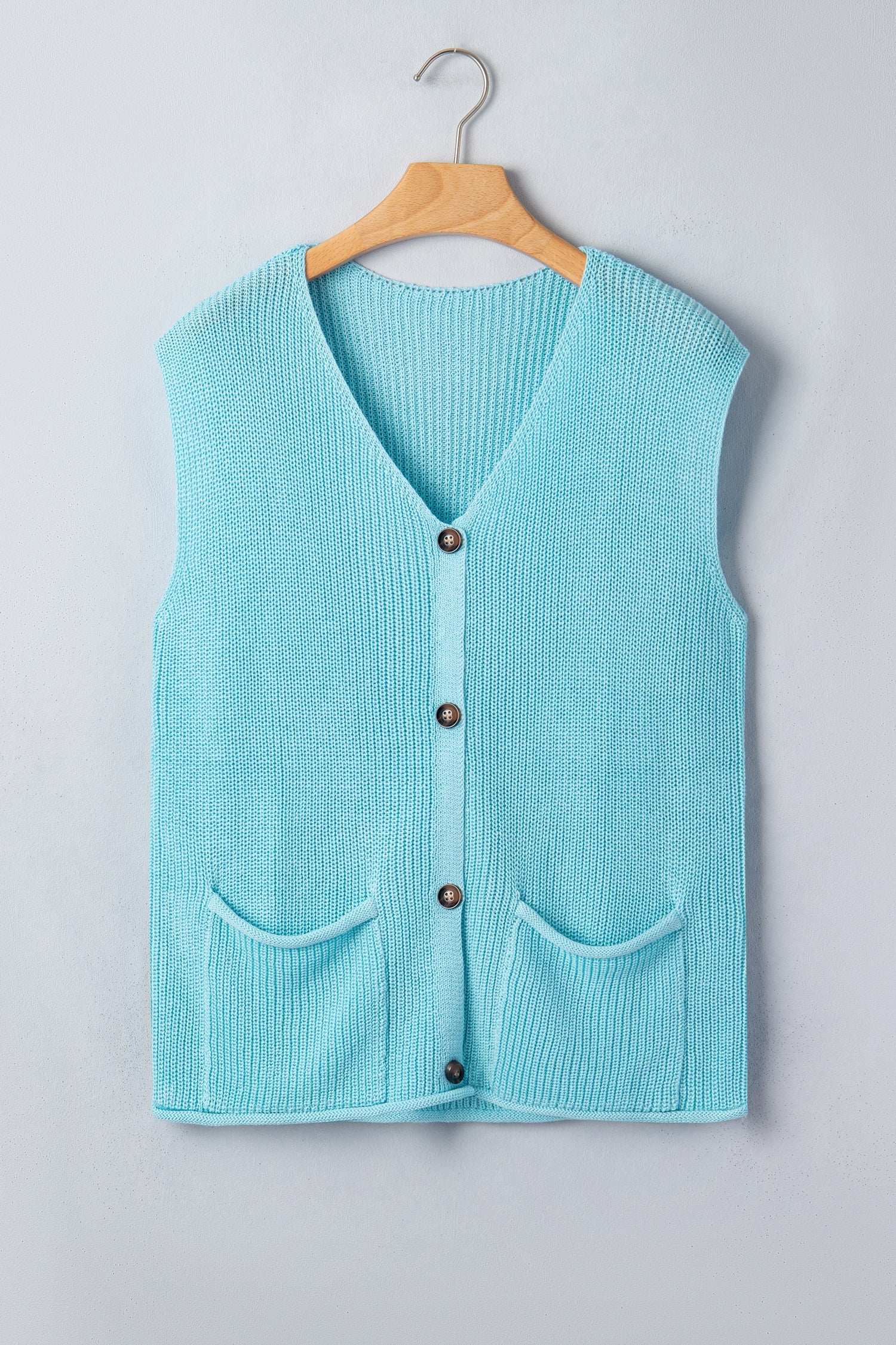 Mist Blue Solid Color Knit V Neck Button Front Sweater Vest