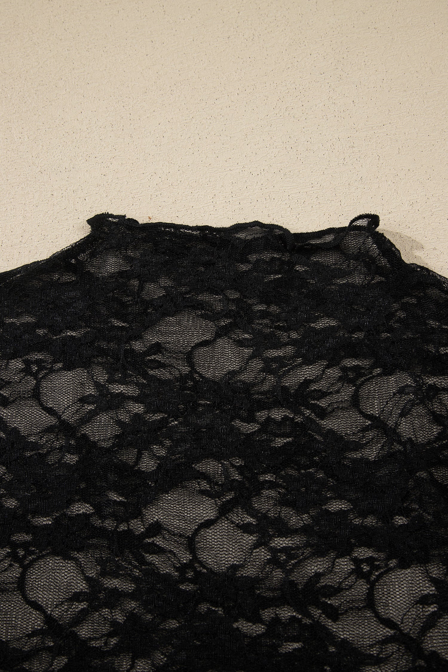 Black Sheer Floral Lace Lettuce Trim Mock Neck Long Sleeve Top