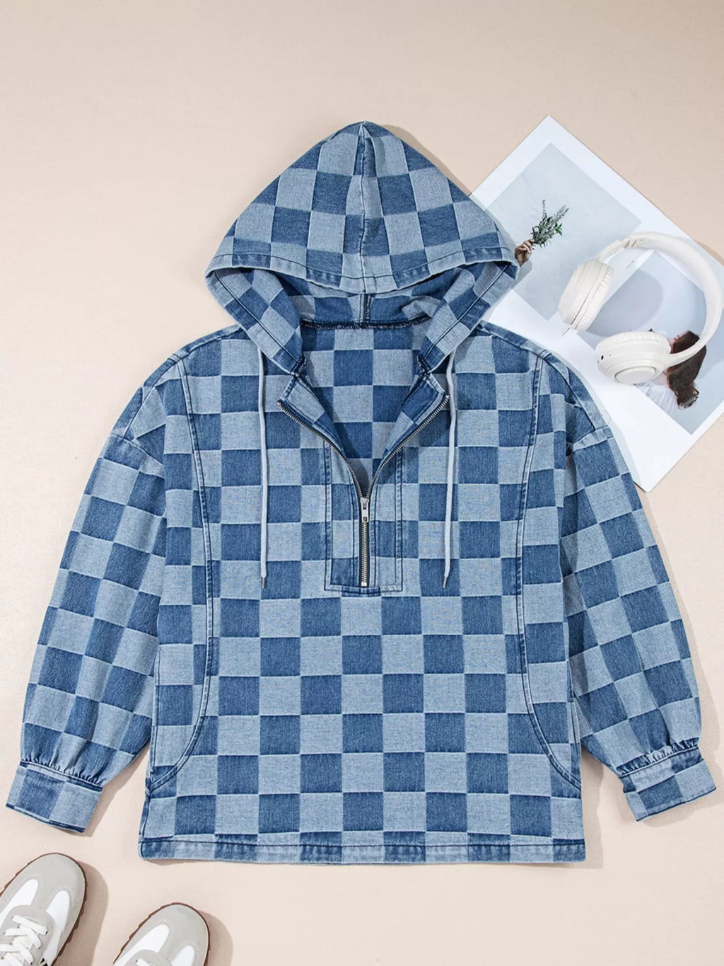 Checkered Half Zip Denim Hoodie Top