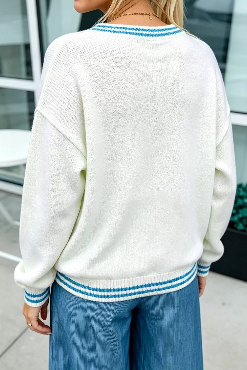 Bulldog Graphic Striped Trim Sweater