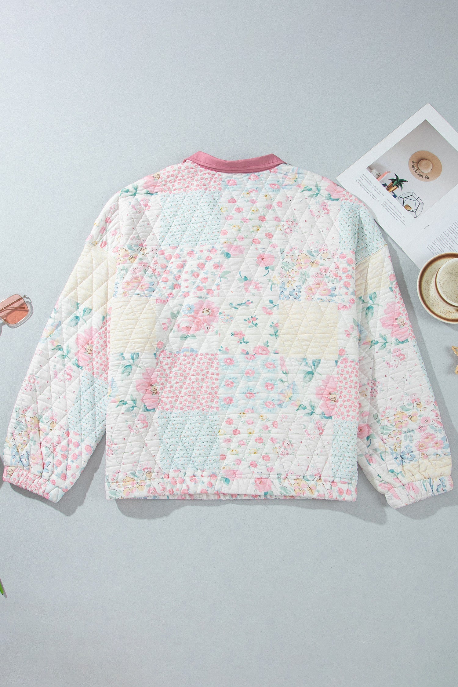Pink Floral Quilted V-Neck Plus Size Fake Pocket Sweatshirt