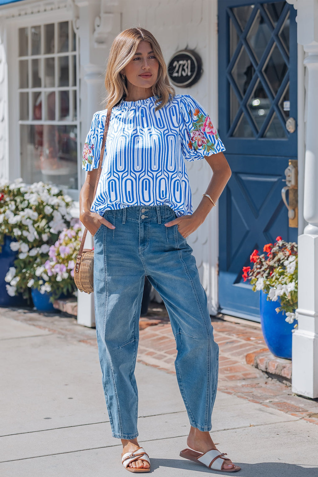 Sky Blue Unique Geometry Print Floral Embroidered Puff Sleeve Blouse