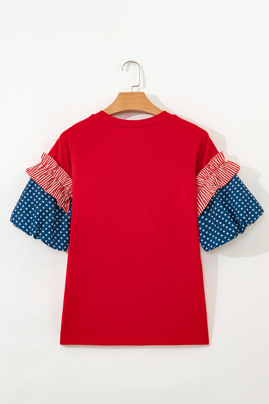 Fiery Red Sequin USA Lettering Patriotic Contrast Splicing Sleeve Top