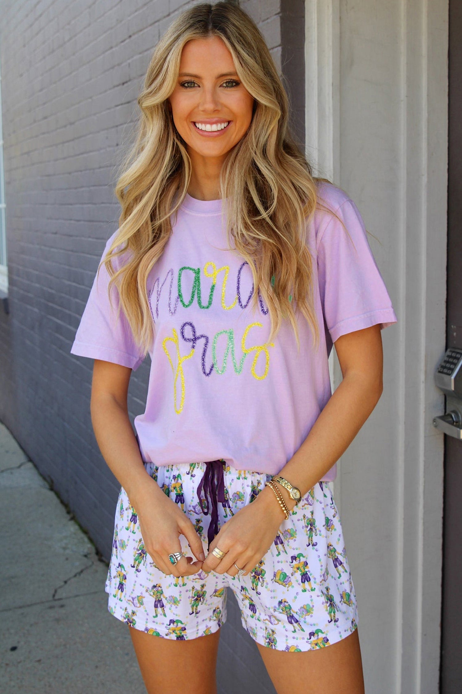Lavendula Mardi Gras Tinsel Letter Graphic Loose T Shirt