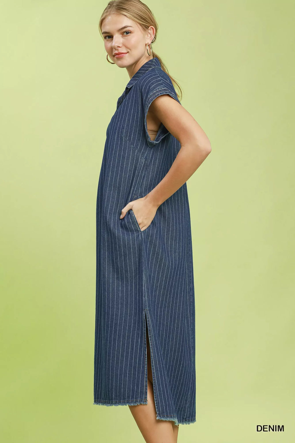 Umgee Pinstripe Denim Collared Midi Dress with Side Slits