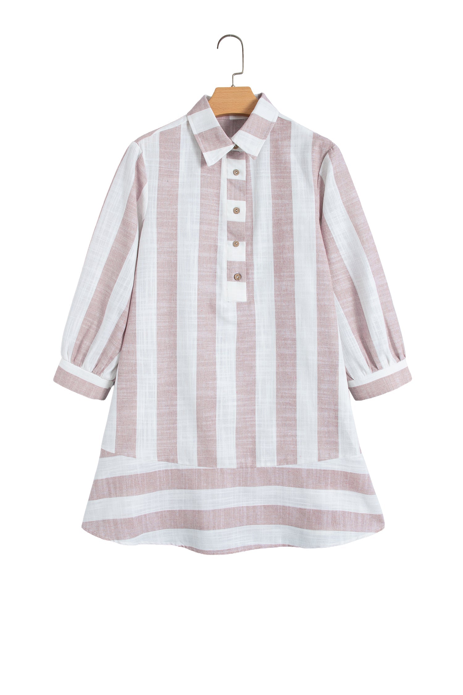 Khaki Stripe Striped Button-Up Three-Quarter Sleeve Short Shift Dress