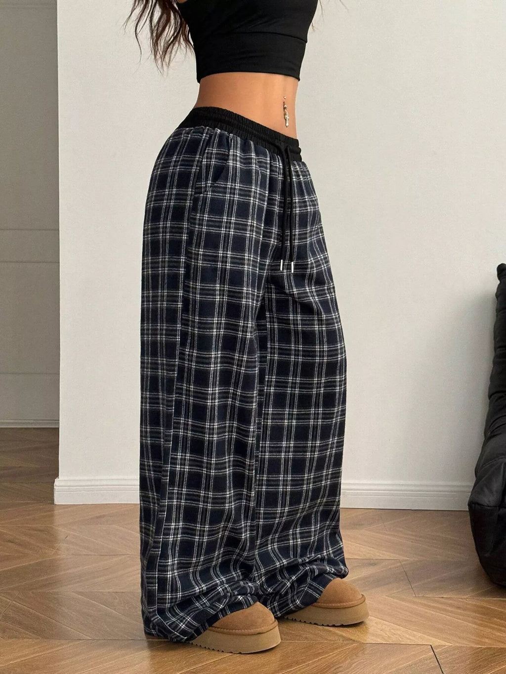 Plaid Wide-Leg Pants with Elastic Waistband