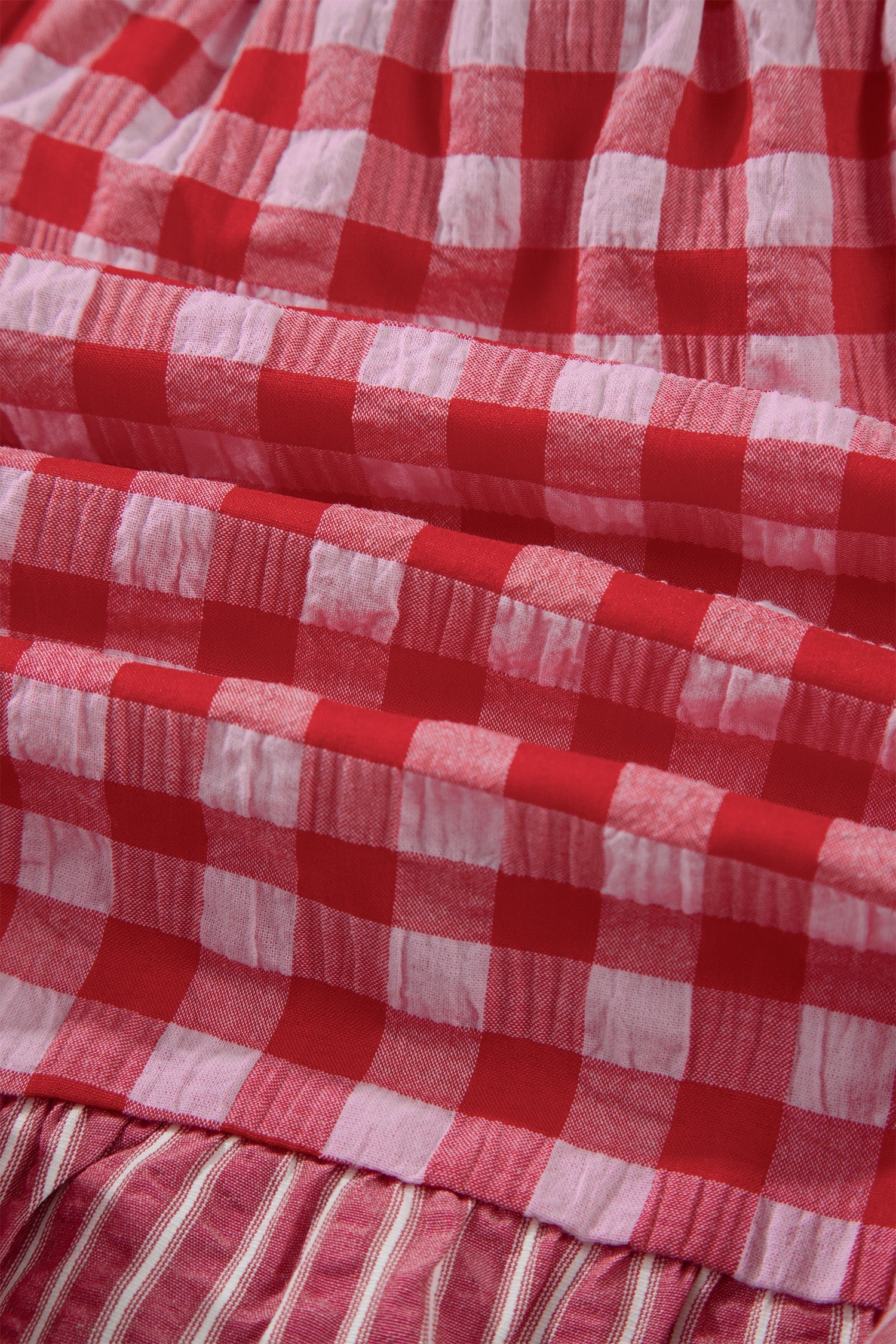 Red Gingham Print Ruffle Striped Detail Lace Tie Shorts
