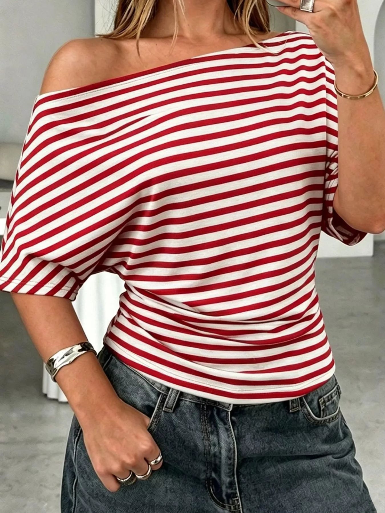 One Shoulder Striped Dolman Sleeve T-Shirt