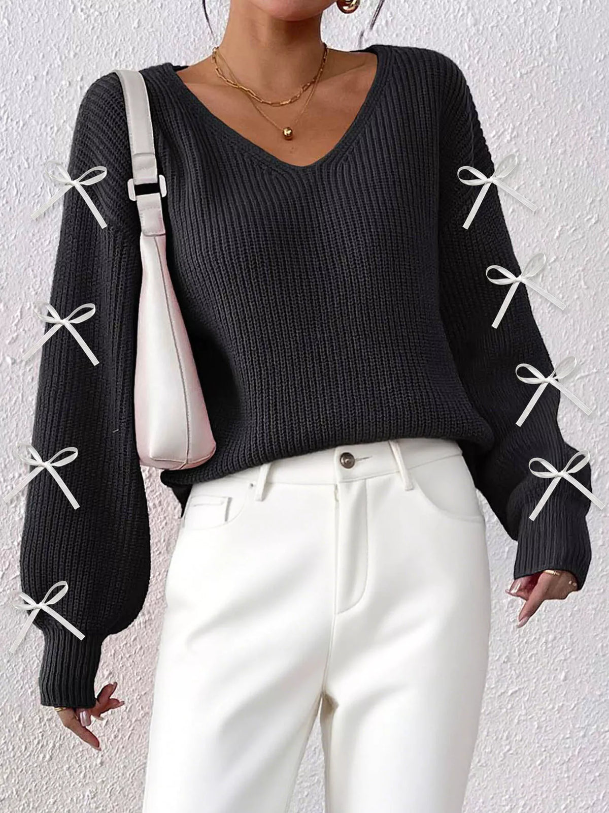 Bow-Tie Sleeve V-Neck Sweater