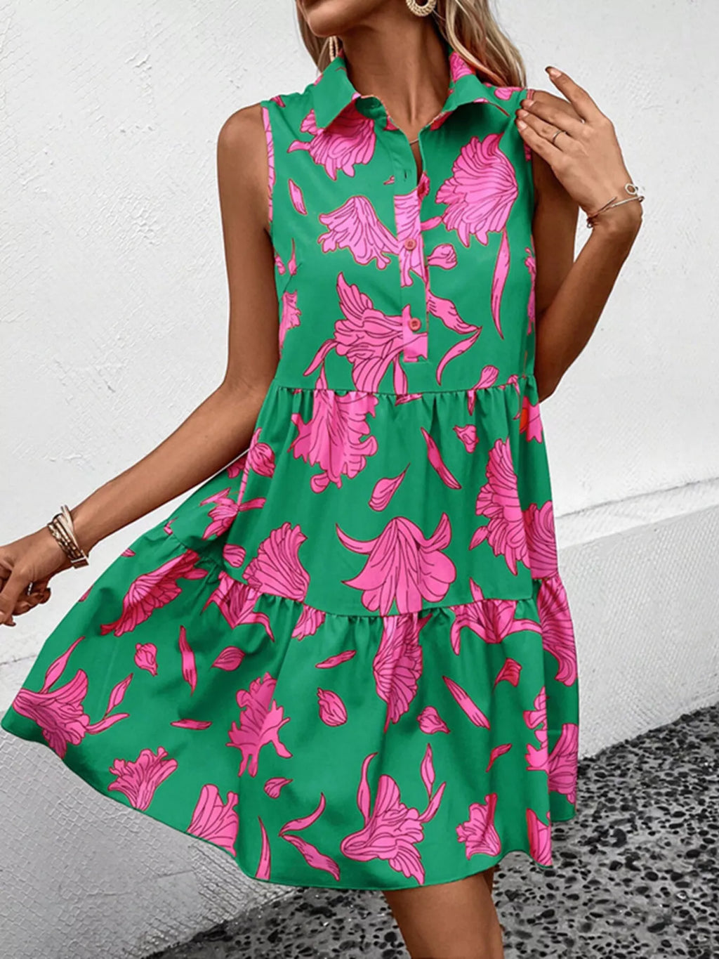Sleeveless Floral Print Tiered Shirt Dress