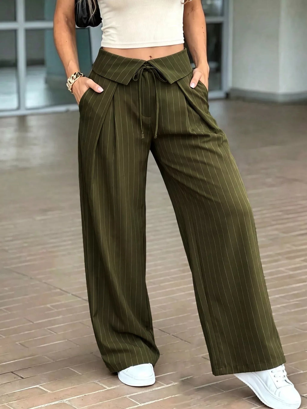 High-Waisted Wide-Leg Pinstripe Pants