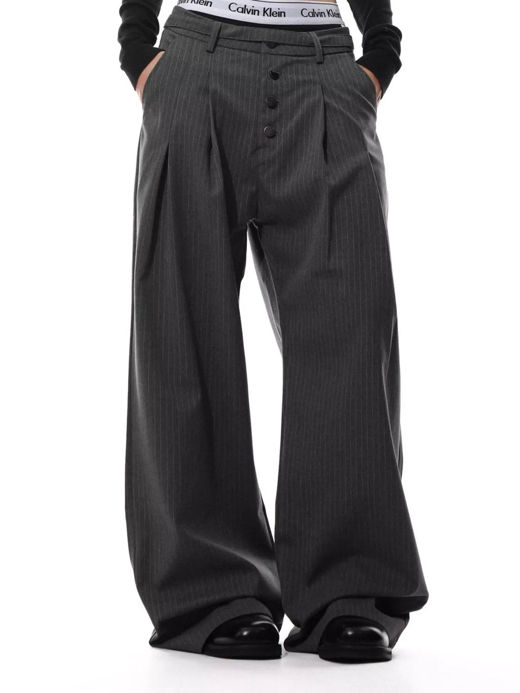Men's Plus Size Wide Leg Striped Button-Front Pants