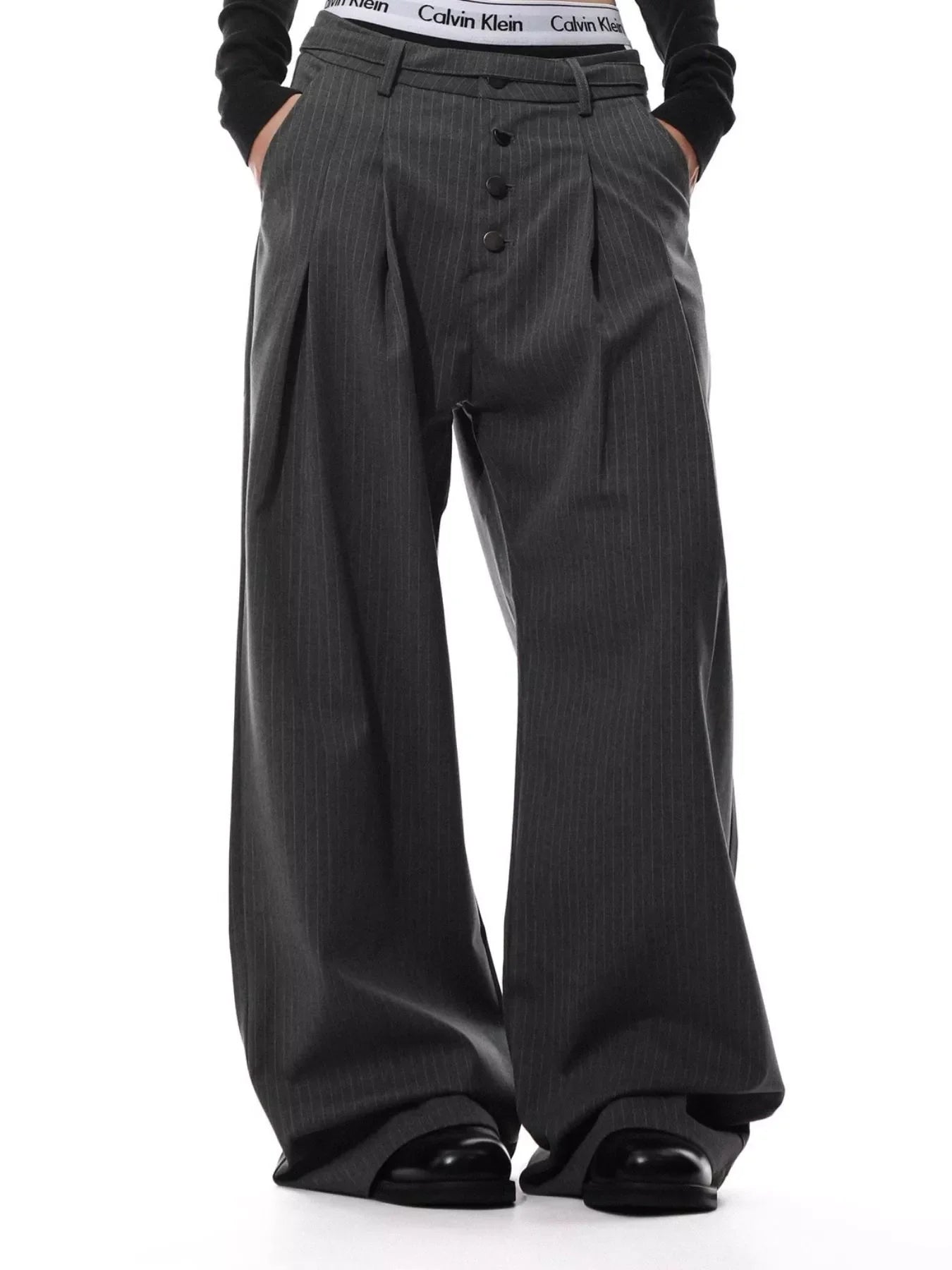 Men's Plus Size Wide Leg Striped Button-Front Pants