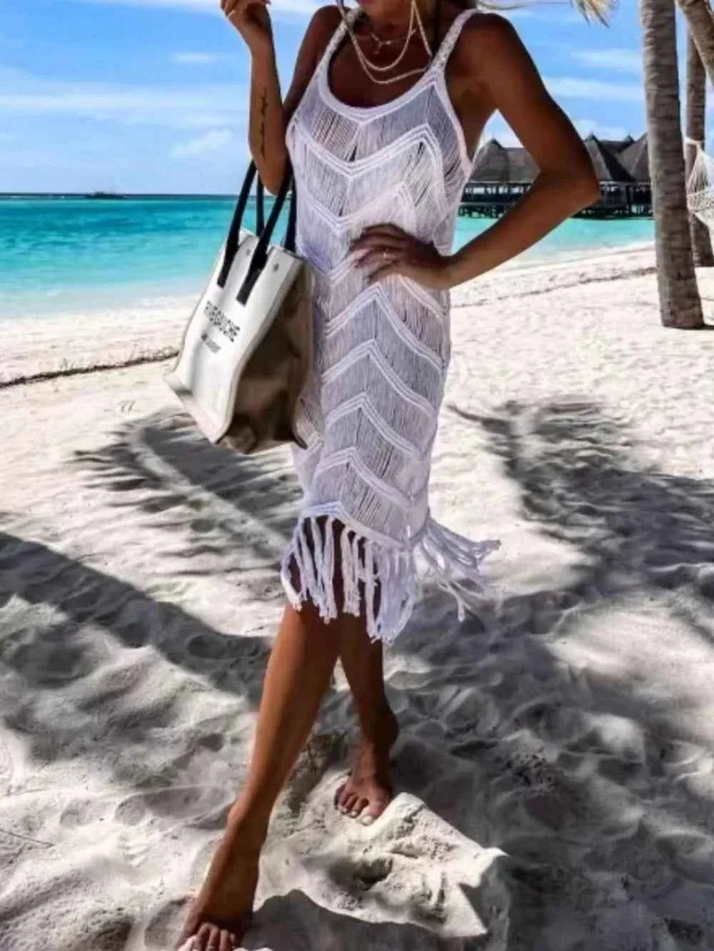 Fringe Scoop Neck Sheer Beach Cover-Up with Macrame Trim