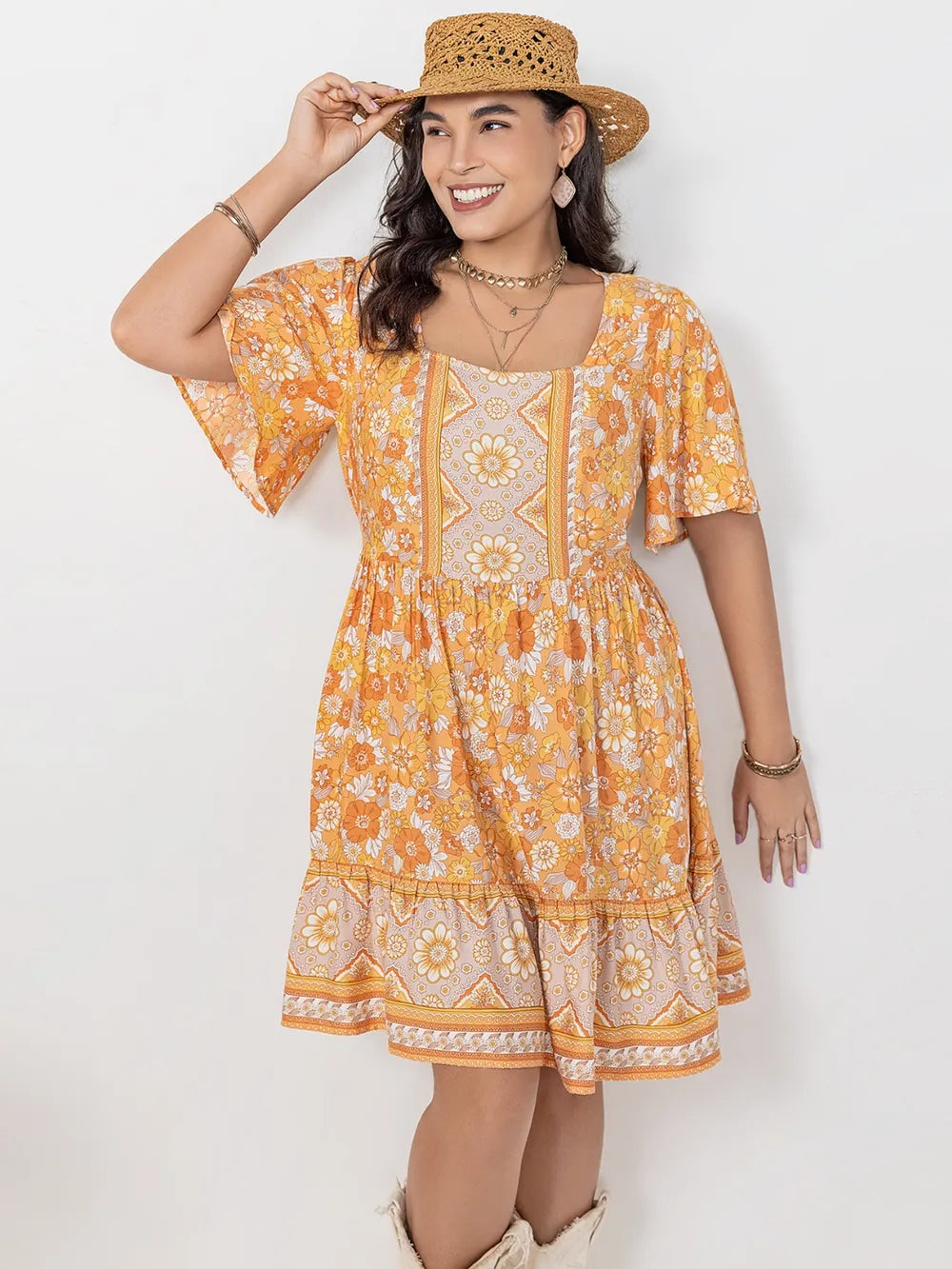 Printed Square Neck Short Sleeve Dress