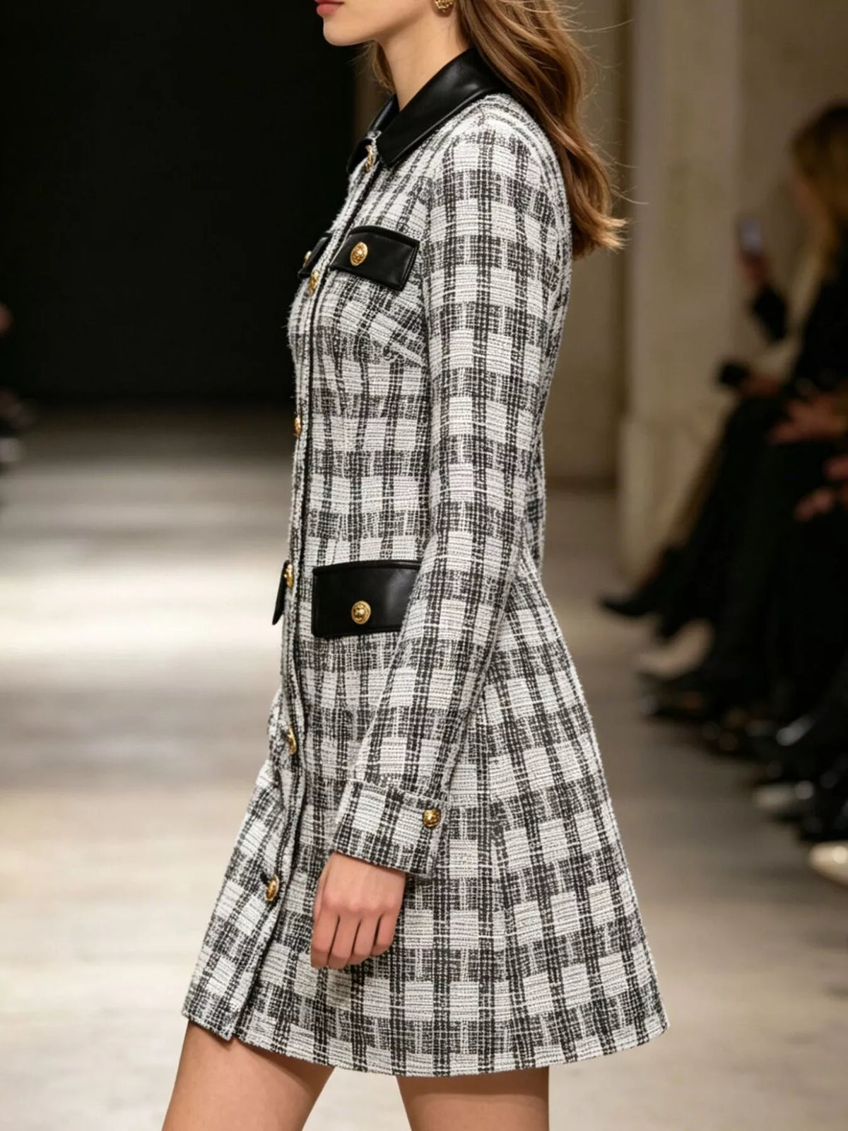 Long Sleeve Plaid Tweed Button-Down Mini Dress