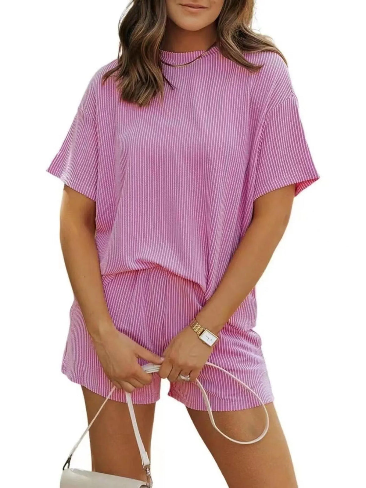 Ribbed Short Sleeve Top and Shorts Two-Piece Set