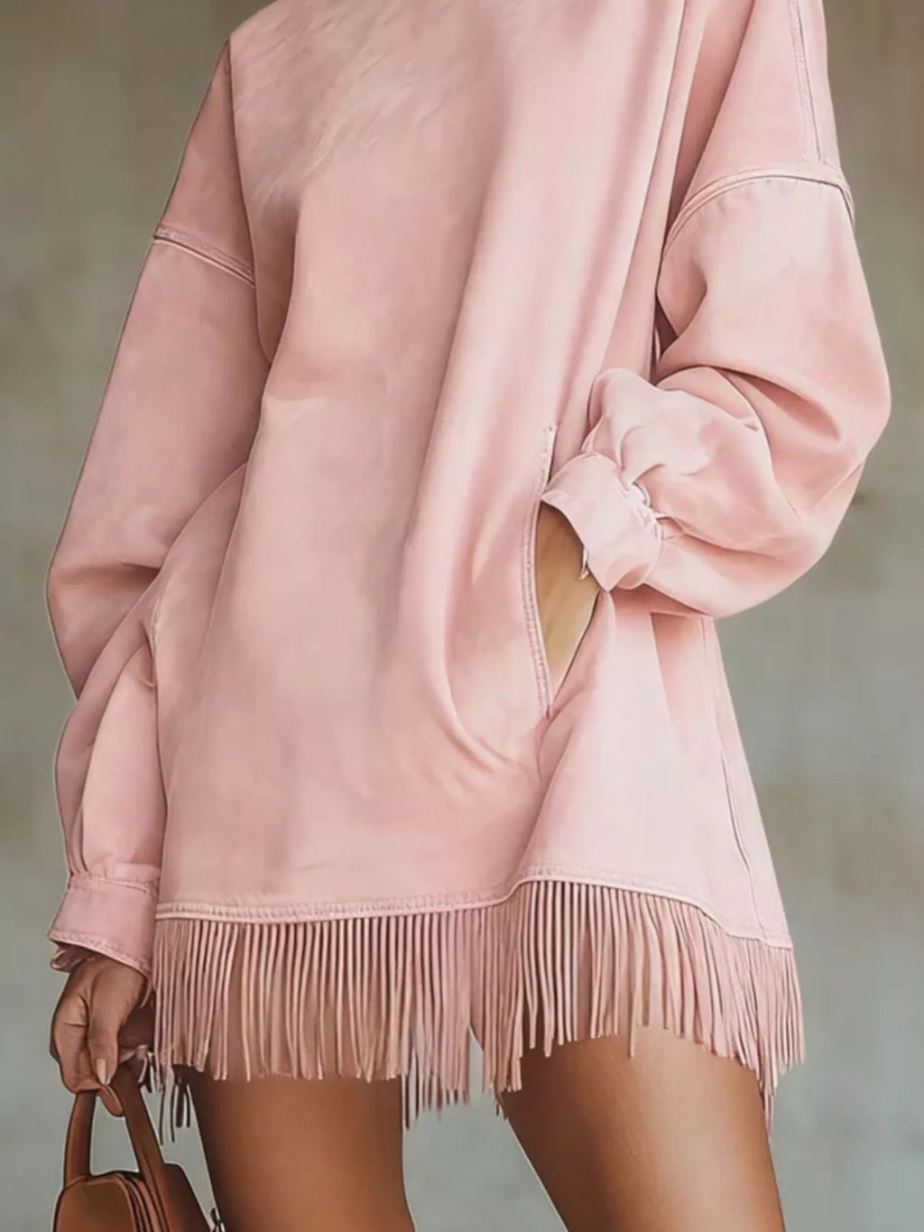 Full Size Mock Neck Fringed Hem Long Sleeve Mini Dress Plus Size