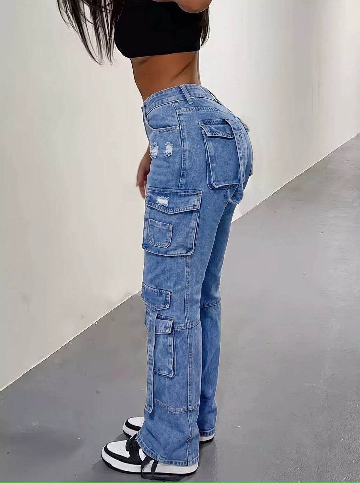 High-Waisted Distressed Cargo Jeans