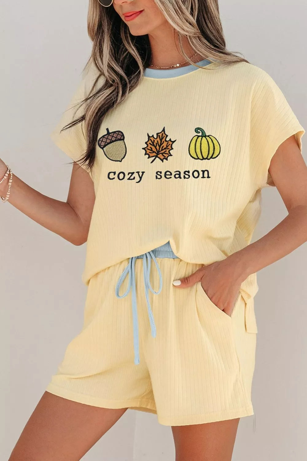 Cozy Season Embroidered Graphic Relaxed Two-Piece Short Set