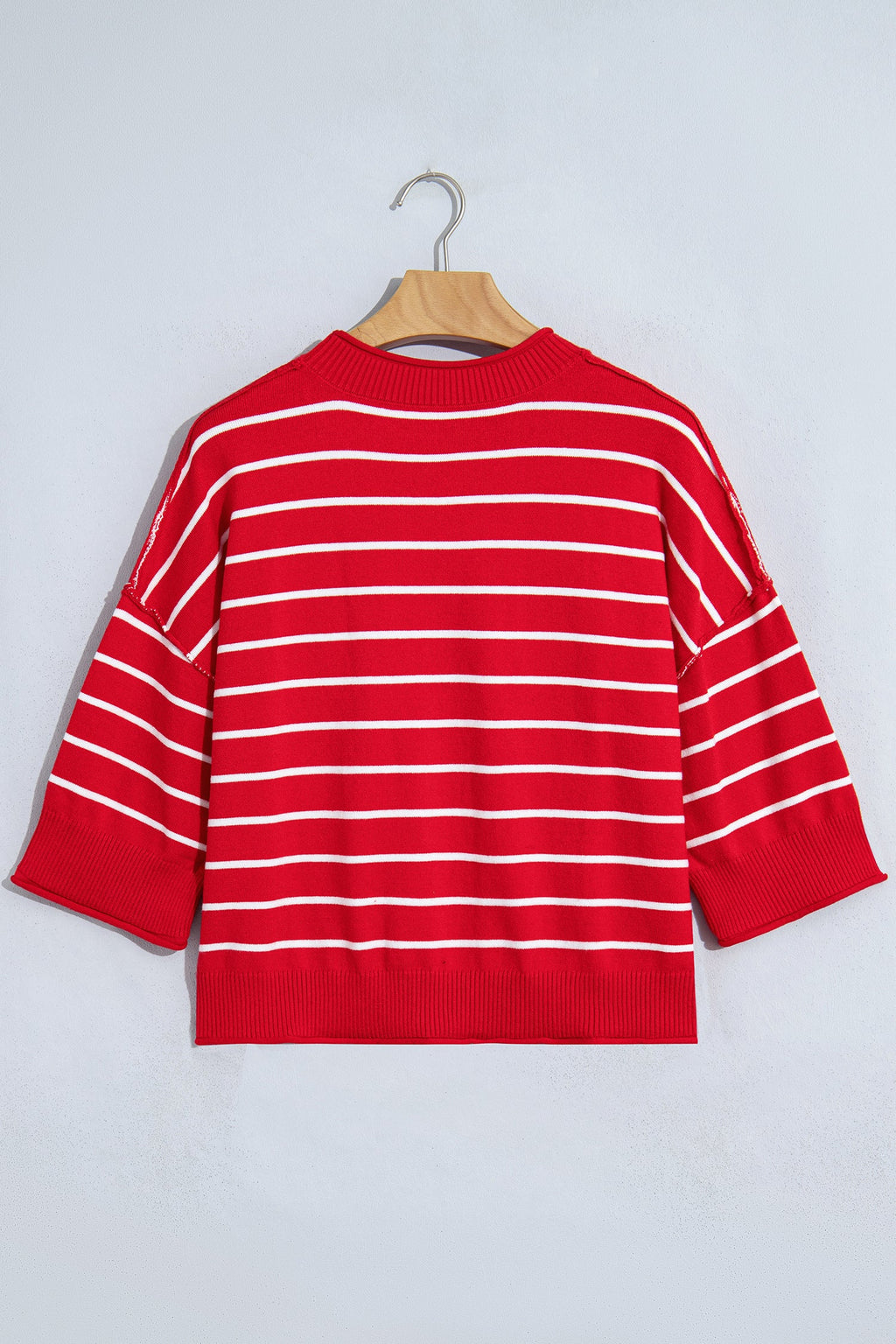 Red Stripe Dropped Shoulder Half Sleeve Relaxed Knit Sweater
