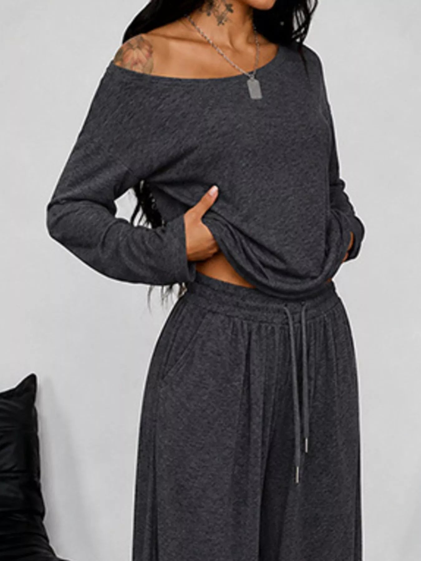 Full Size One-Shoulder Top and Drawstring Pants Set Plus Size