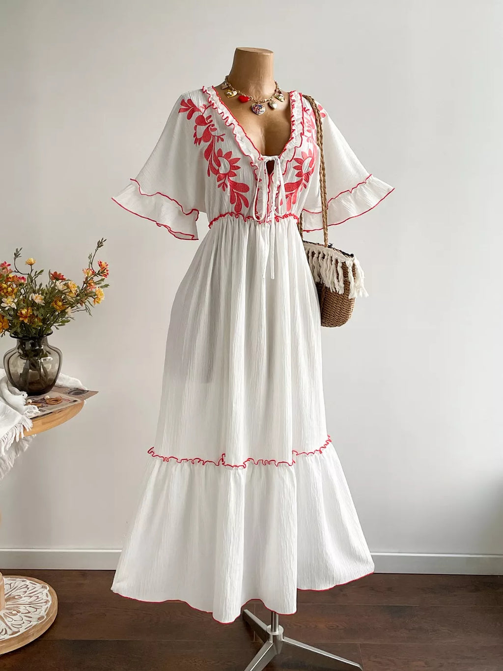Front Tie Maxi Dress with Floral Embroidered