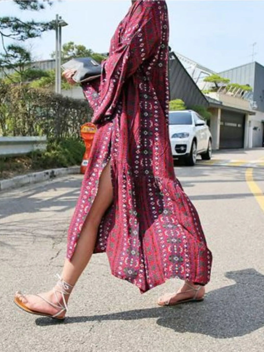Bohemian Print Midi Dress with Side Slits