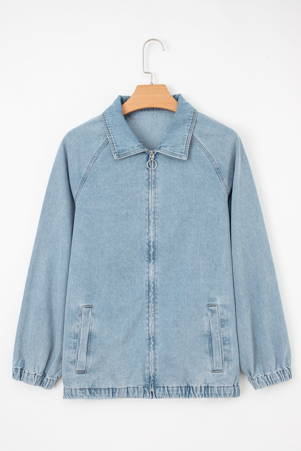 Denim Collared Zip-Up Elastic Edge Pocketed Jacket