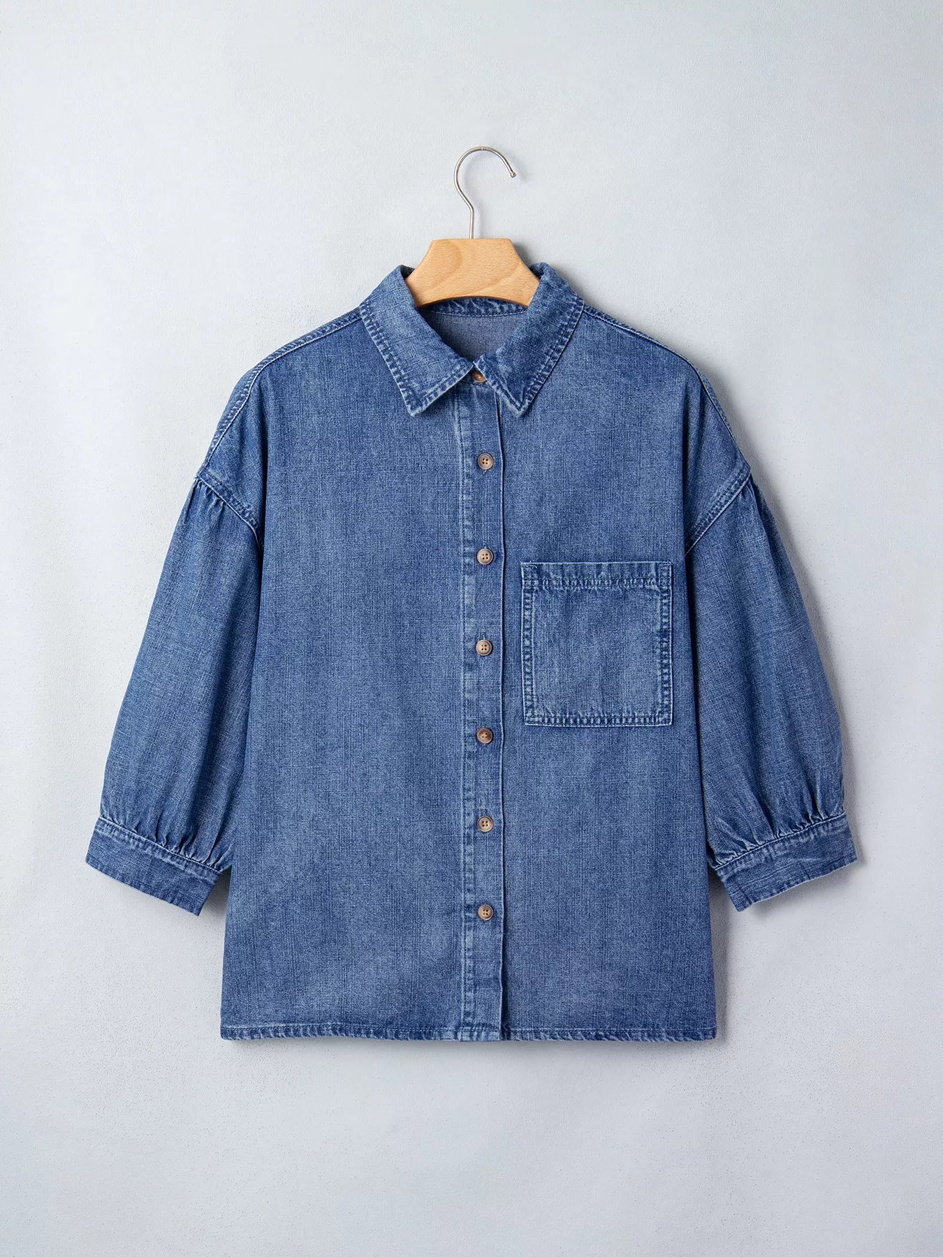 Three Quarter Sleeve Button Front Loose Denim Shirt