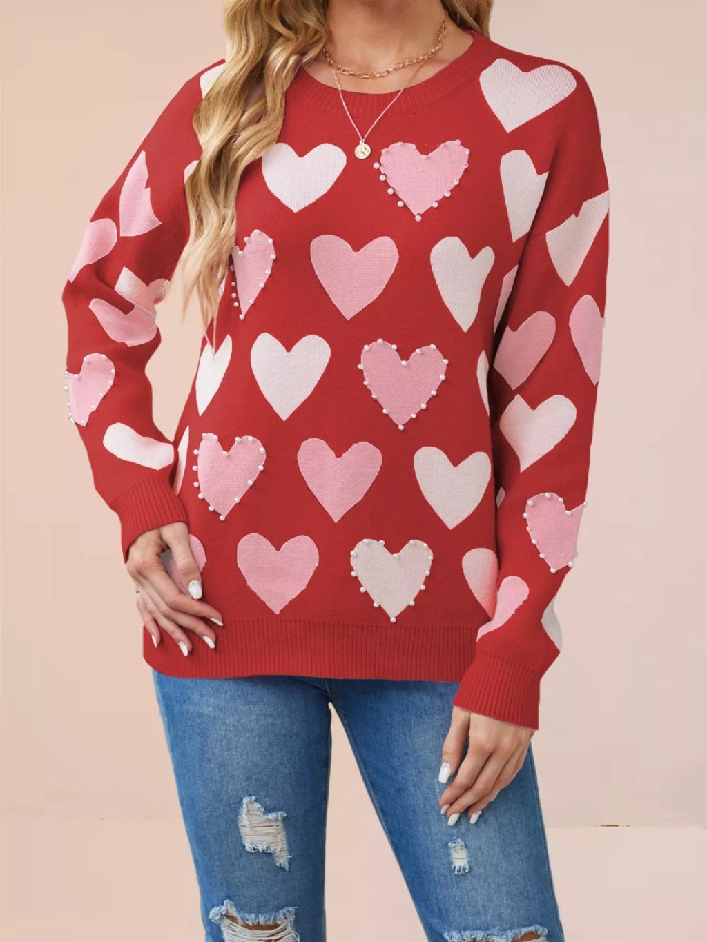 Heart Pattern Pearl Embellishments Sweater