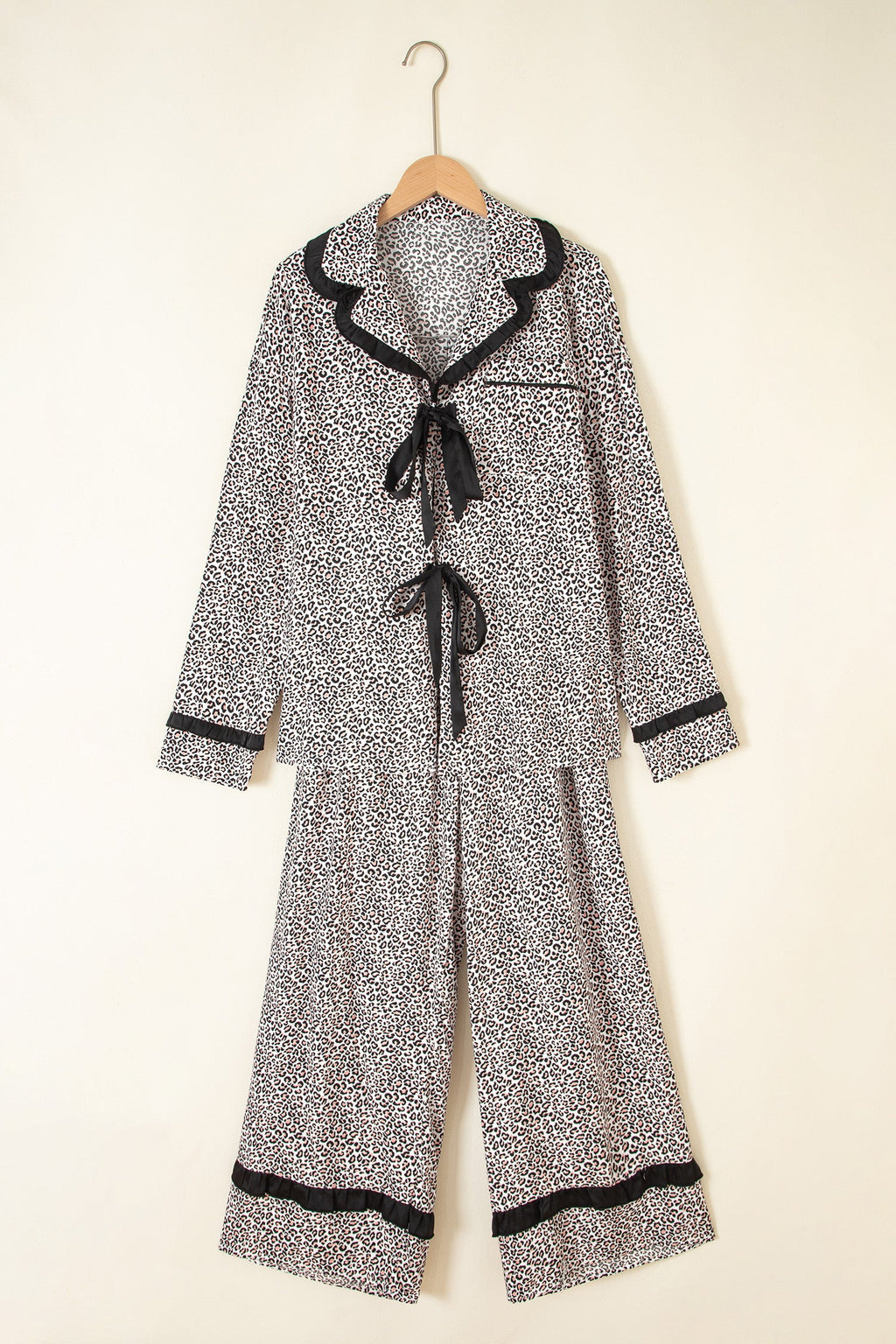 Leopard Bow Long Sleeve Top & Pants Pajama Set