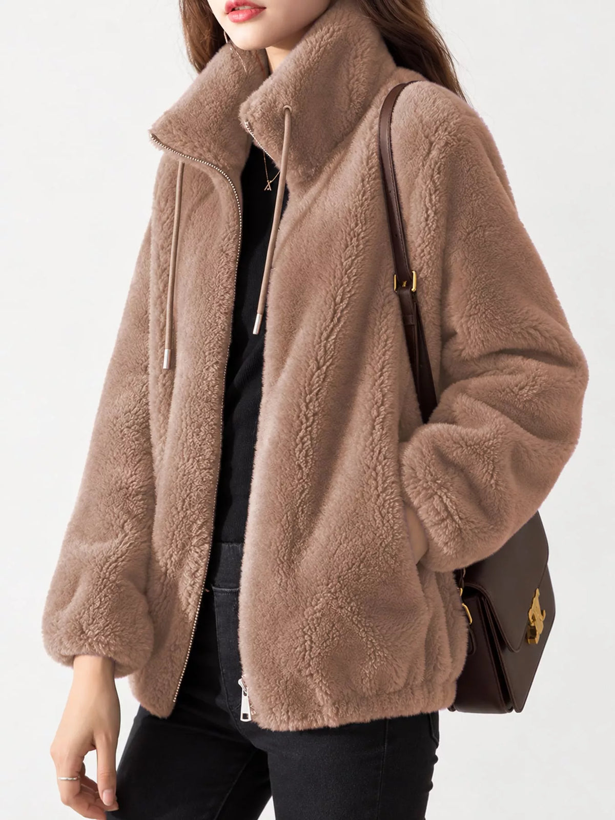 Full Size Drawstring Faux Fur Stand-Collar Zip-Up Outerwear Plus Size