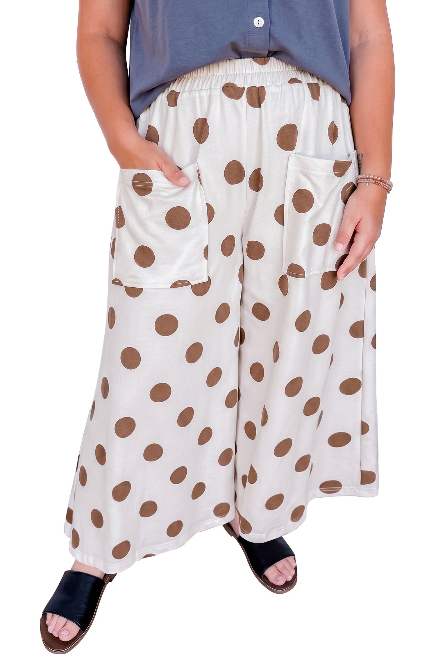 Khaki Polka Dot Elastic Waist Wide Leg Plus Size Pants